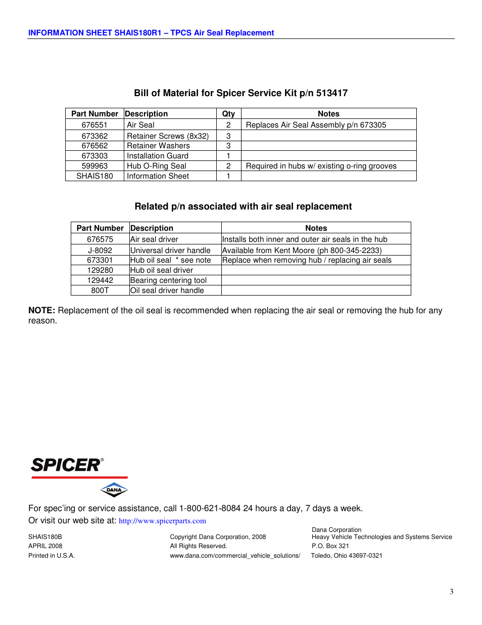 Spicer TPCS Air Seal Replacement User Manual | Page 3 / 3