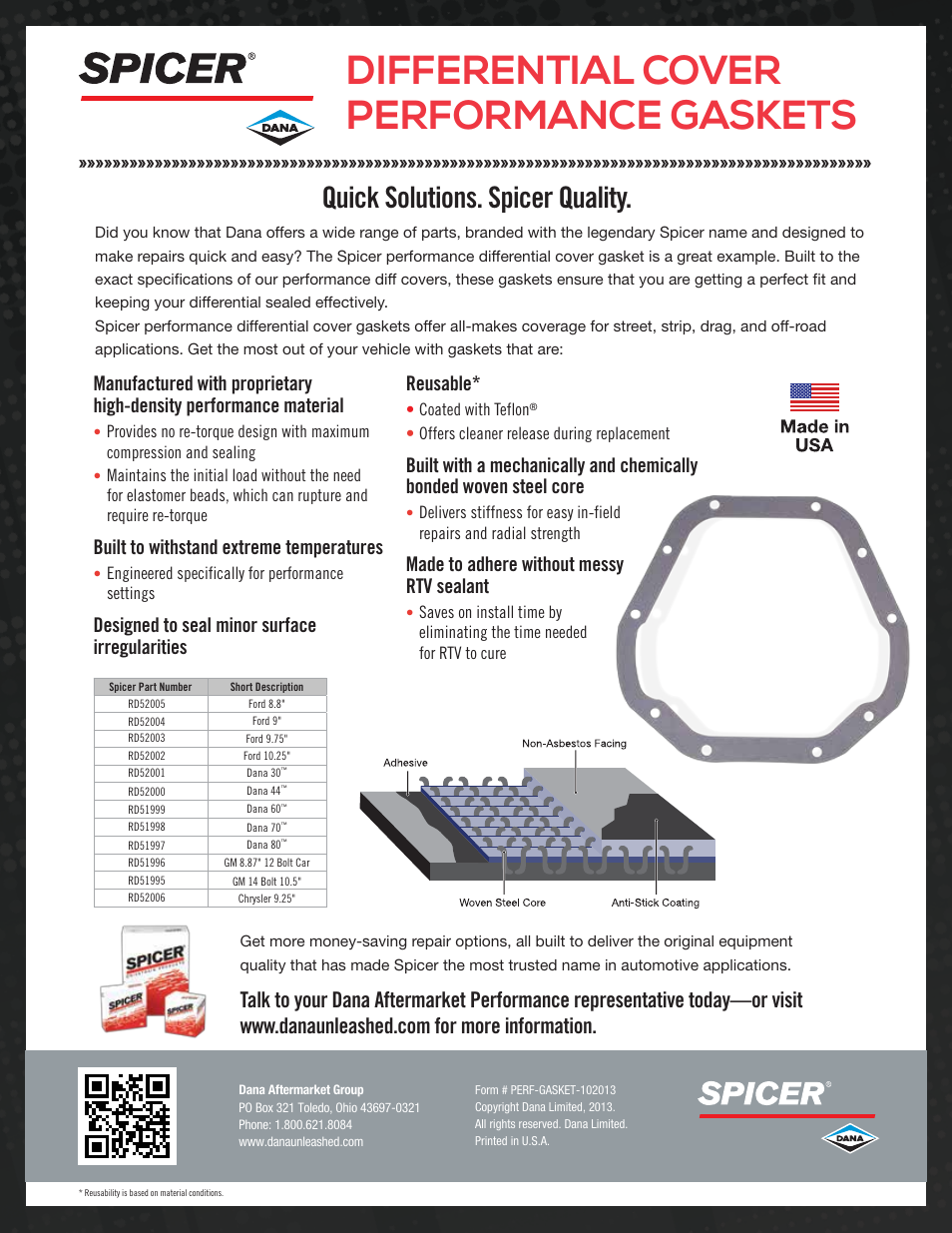 Differential cover performance gaskets, Quick solutions. spicer quality, Built to withstand extreme temperatures | Made to adhere without messy rtv sealant | Spicer Diff Cover Performance Gaskets User Manual | Page 2 / 2