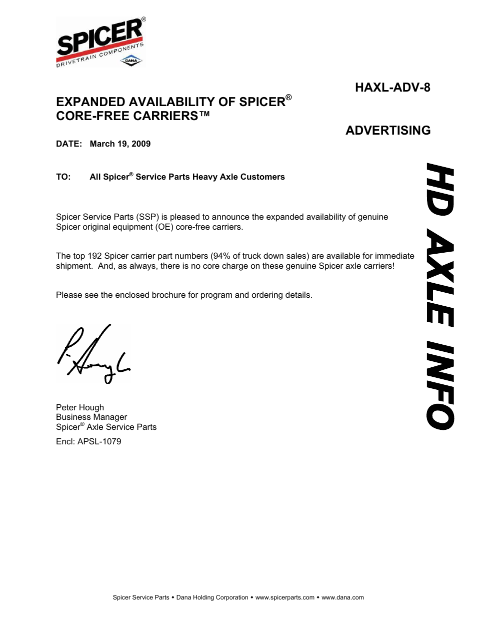 Spicer HAXL-ADV-8 User Manual | 1 page