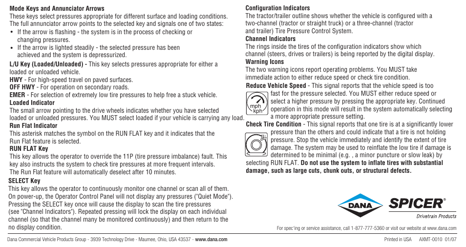 Spicer TPCS (Tire Pressure Control System) Operator Control Panel (OCP) User Manual | Page 2 / 2