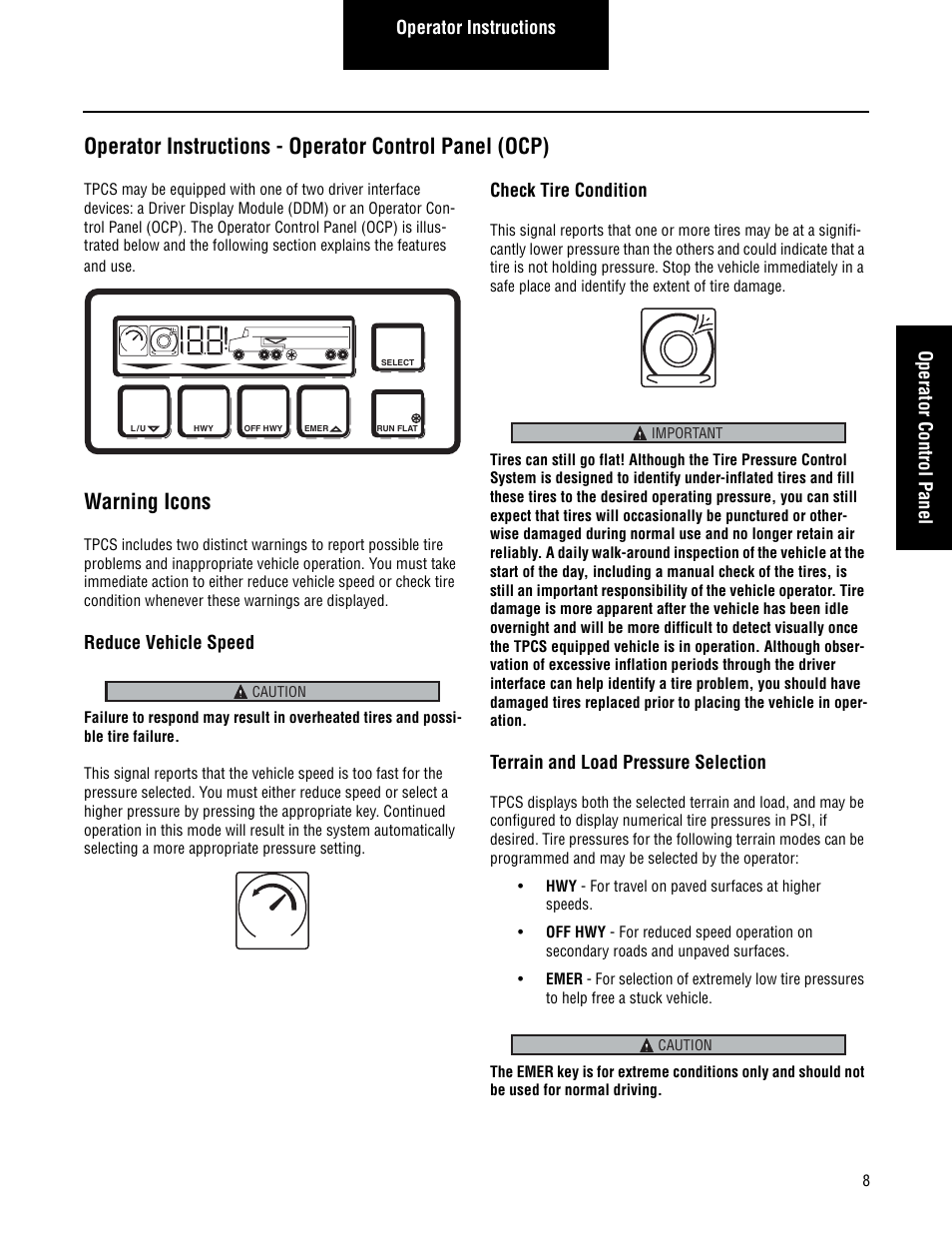 Warning icons, Operator control panel (ocp), Operator instructions operator control panel | Reduce vehicle speed, Check tire condition, Terrain and load pressure selection, Mph kph | Spicer TPCS Troubleshooting Guide User Manual | Page 11 / 76