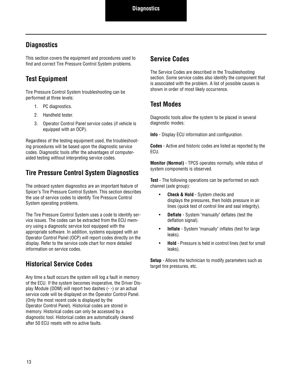 Diagnostics, Test equipment, Tire pressure control system diagnostics | Historical service codes, Service codes, Test modes | Spicer TPCS Troubleshooting Guide User Manual | Page 16 / 76