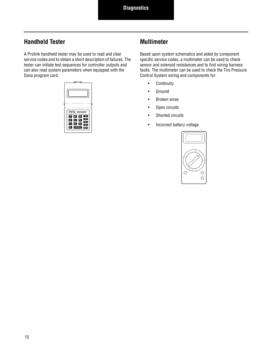 Handheld tester, Multimeter, Diagnostics | Spicer TPCS Troubleshooting Guide User Manual | Page 18 / 76
