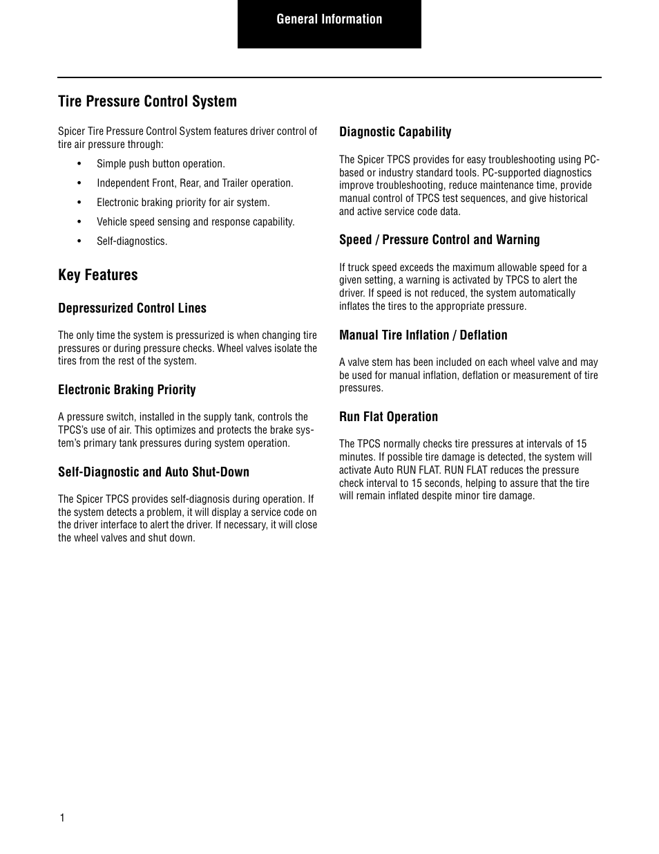 Tire pressure control system, Key features, Tire pressure control system 1 key features | Spicer TPCS Troubleshooting Guide User Manual | Page 4 / 76
