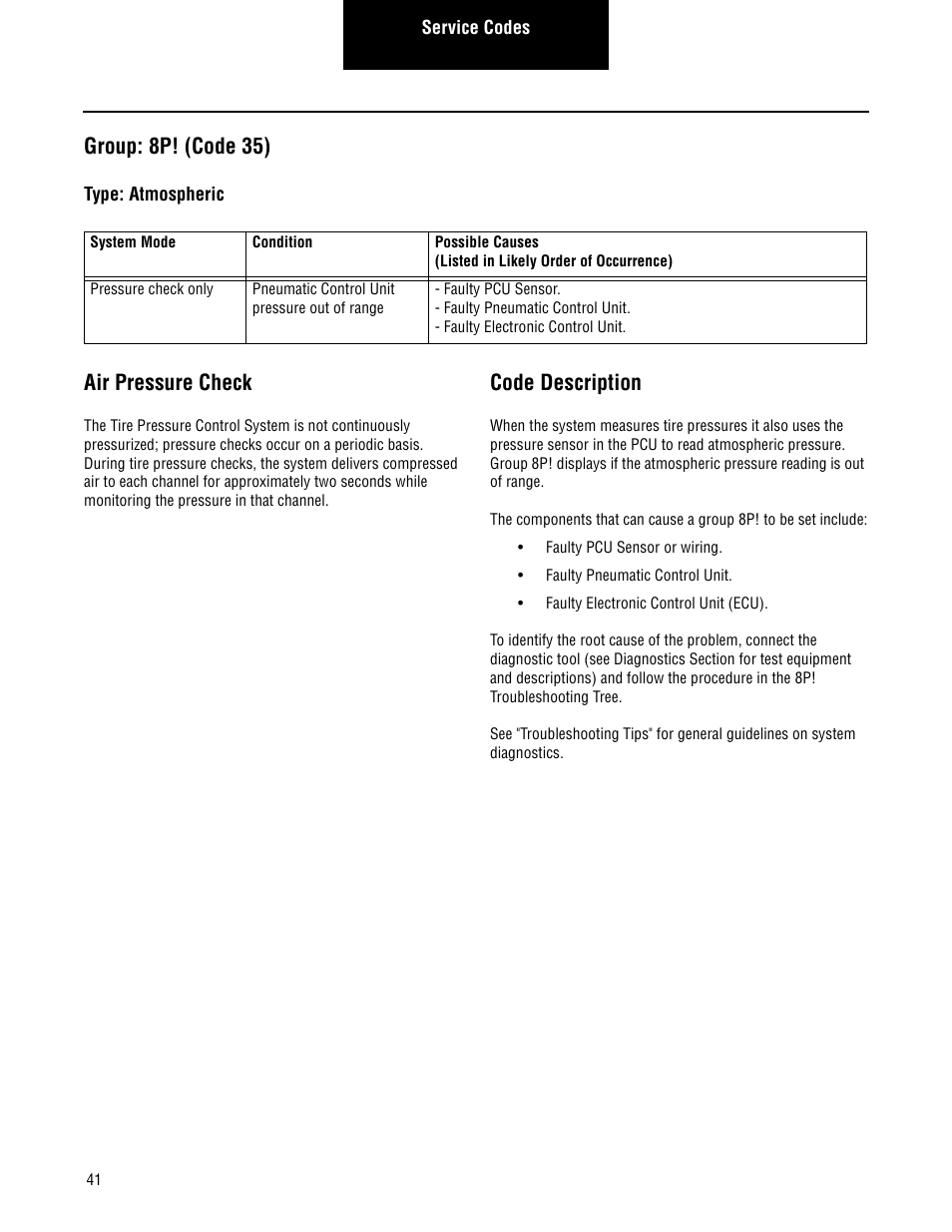 Group: 8p! (code 35), Air pressure check, Code description | Spicer TPCS Troubleshooting Guide User Manual | Page 44 / 76