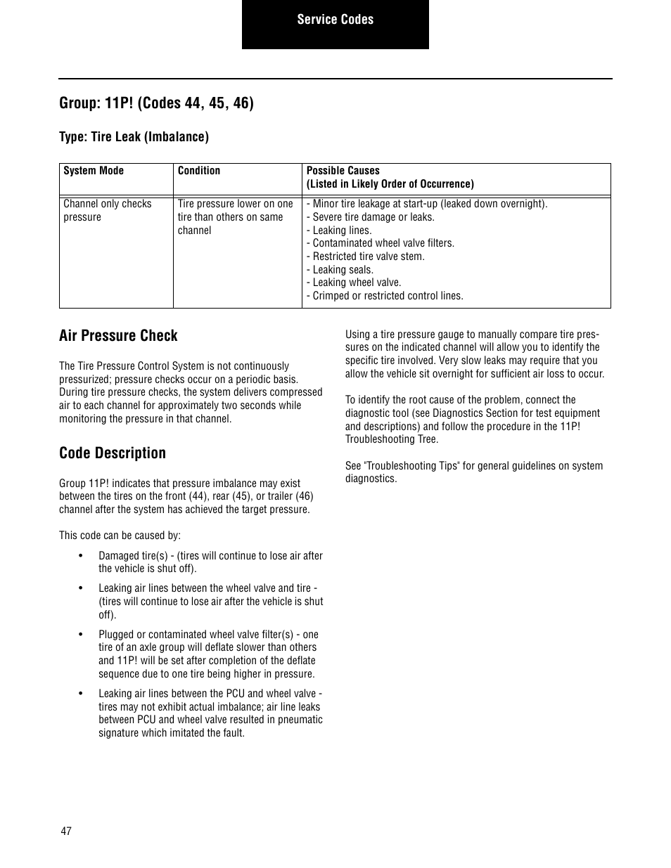 Group: 11p! (codes 44, 45, 46), Air pressure check, Code description | Spicer TPCS Troubleshooting Guide User Manual | Page 50 / 76