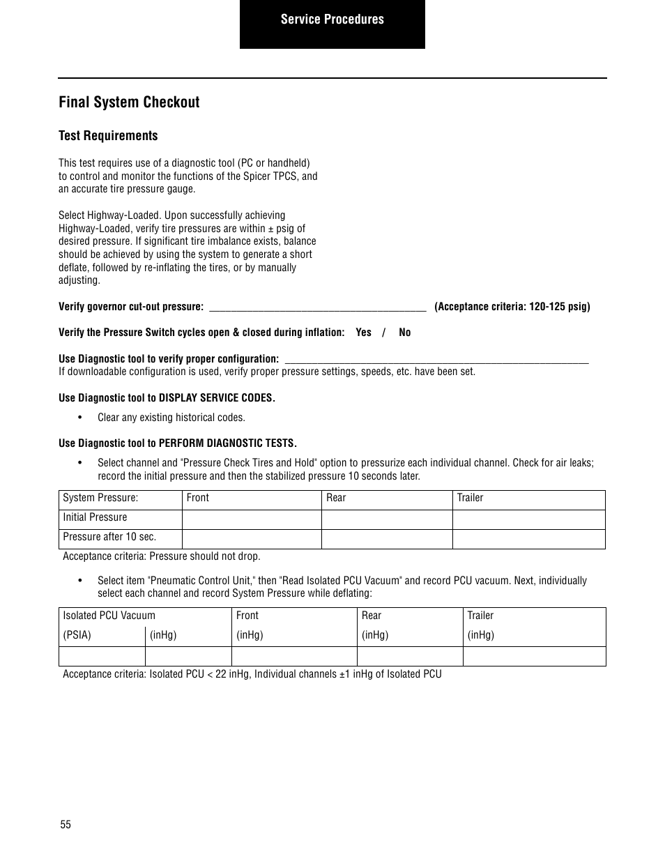 Final system checkout | Spicer TPCS Troubleshooting Guide User Manual | Page 58 / 76