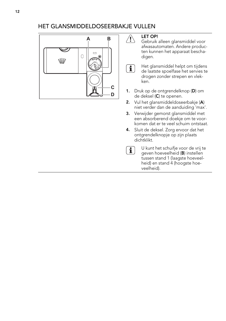 Het glansmiddeldoseerbakje vullen, Ab d c | AEG ELECTROLUX F 55420 W 0 P User Manual | Page 12 / 88