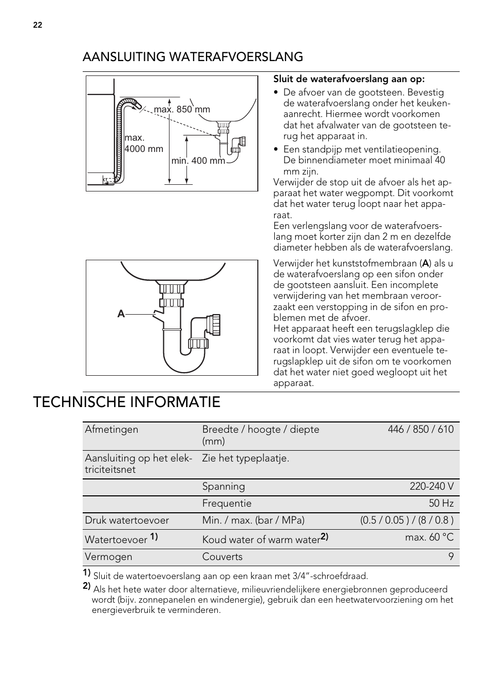 Technische informatie, Aansluiting waterafvoerslang | AEG ELECTROLUX F 55420 W 0 P User Manual | Page 22 / 88