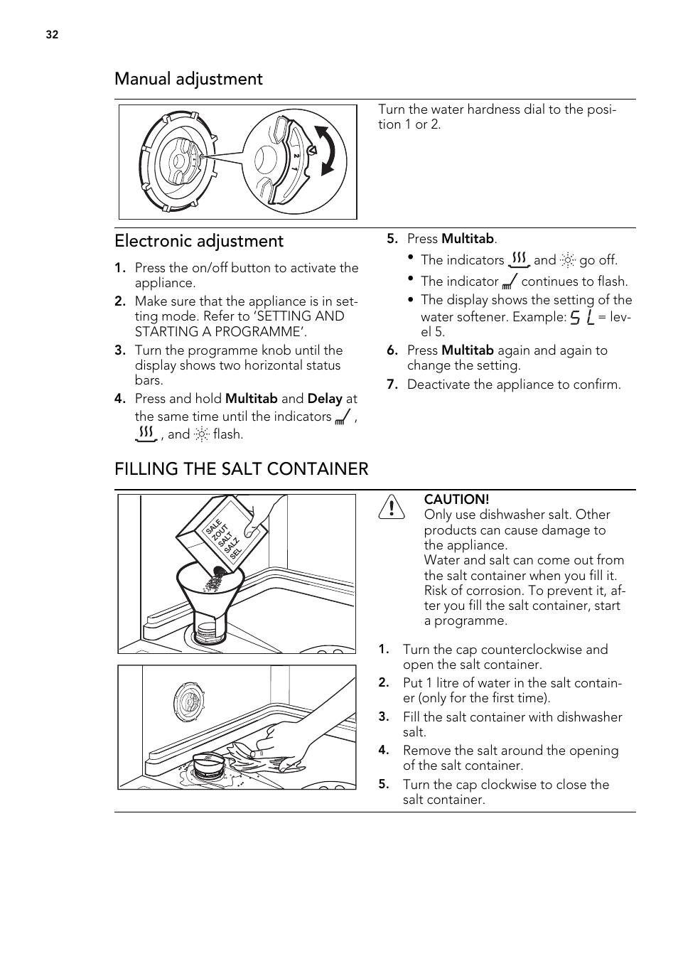 Manual adjustment, Electronic adjustment, Filling the salt container | AEG ELECTROLUX F 55420 W 0 P User Manual | Page 32 / 88