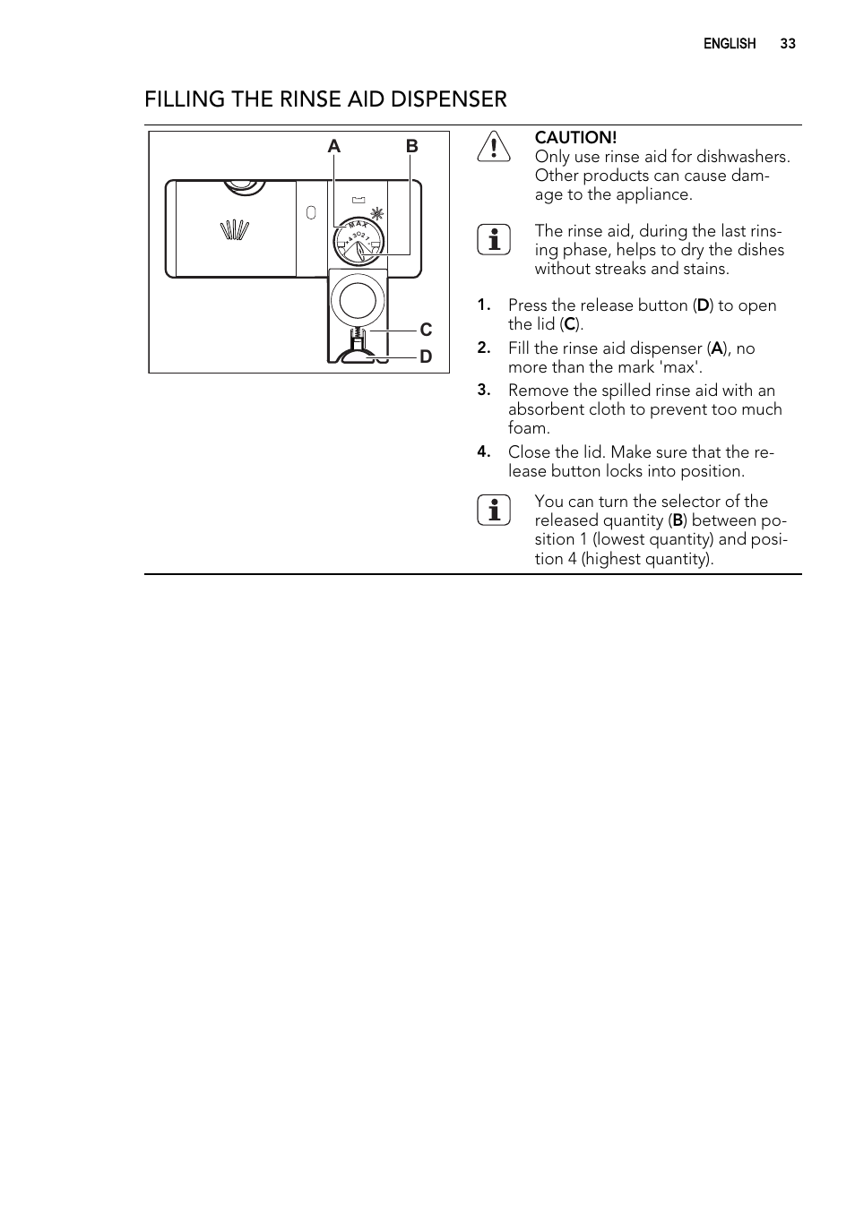 Filling the rinse aid dispenser, Ab d c | AEG ELECTROLUX F 55420 W 0 P User Manual | Page 33 / 88