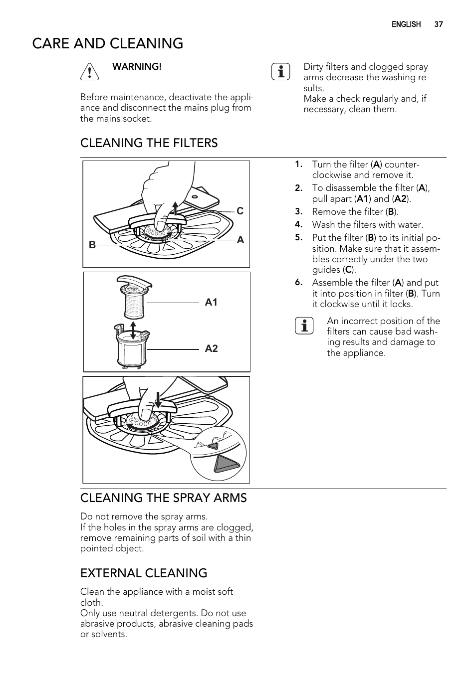 Care and cleaning, Cleaning the filters, Cleaning the spray arms | External cleaning | AEG ELECTROLUX F 55420 W 0 P User Manual | Page 37 / 88