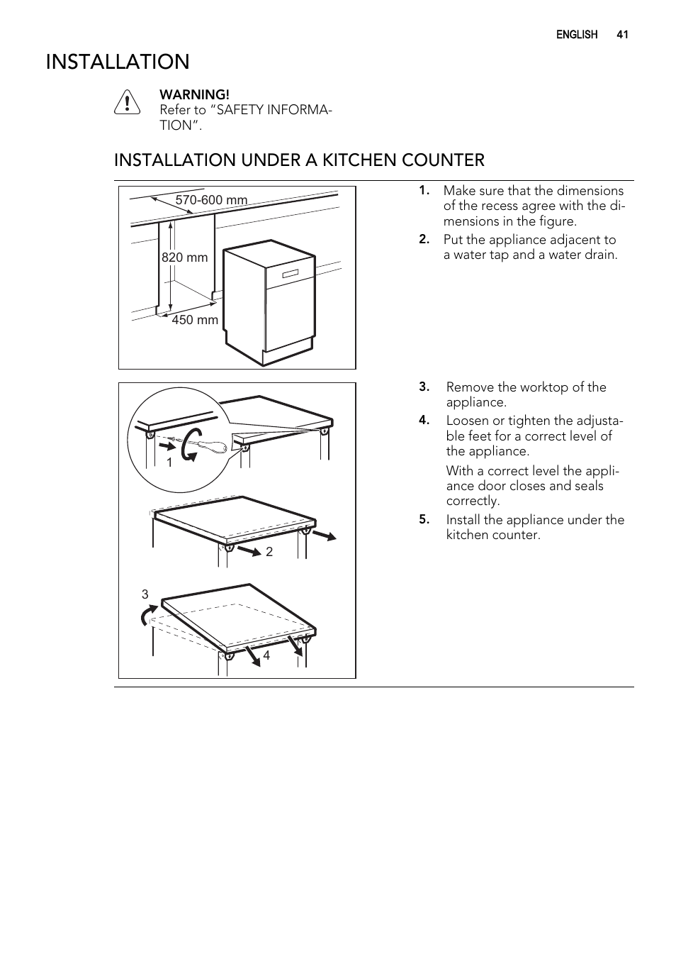 Installation, Installation under a kitchen counter | AEG ELECTROLUX F 55420 W 0 P User Manual | Page 41 / 88