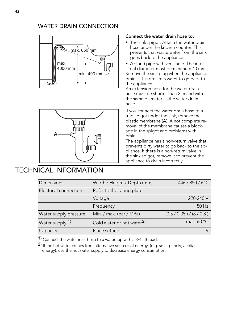 Technical information, Water drain connection | AEG ELECTROLUX F 55420 W 0 P User Manual | Page 42 / 88