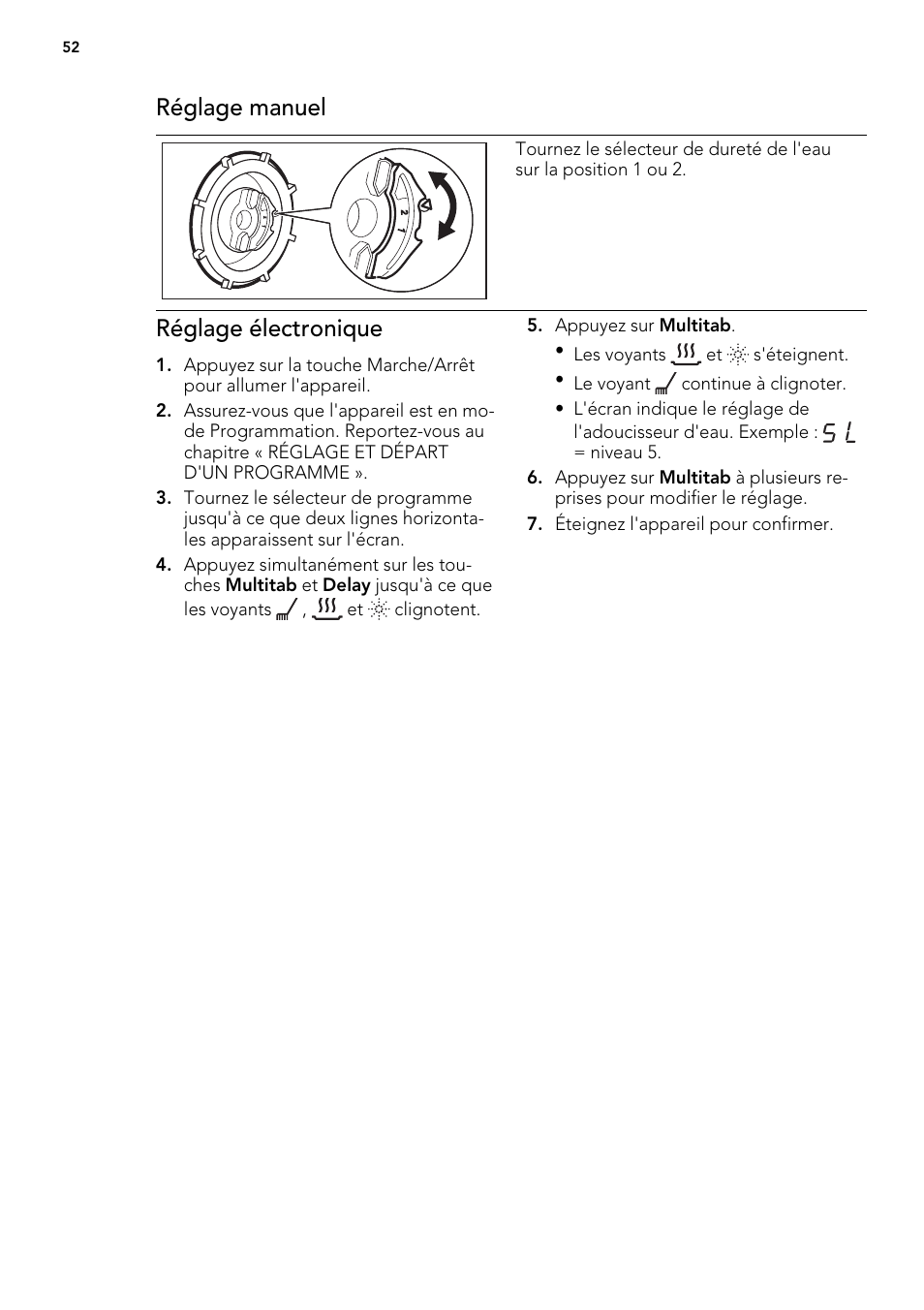 Réglage manuel, Réglage électronique | AEG ELECTROLUX F 55420 W 0 P User Manual | Page 52 / 88