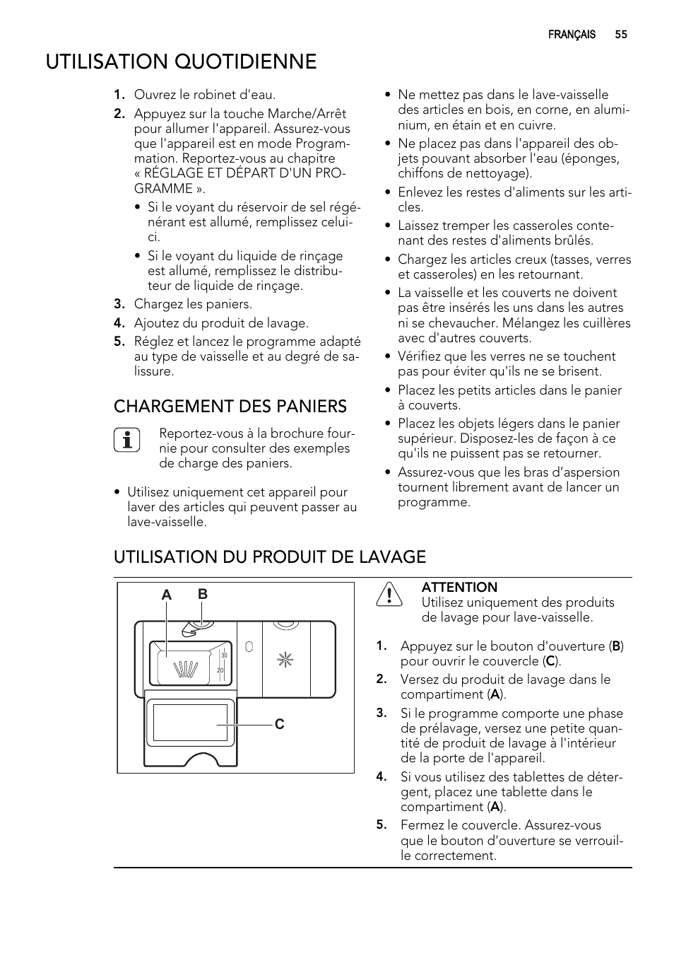 Utilisation quotidienne, Chargement des paniers, Utilisation du produit de lavage | AEG ELECTROLUX F 55420 W 0 P User Manual | Page 55 / 88