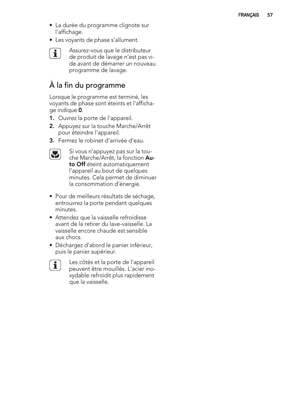 À la fin du programme | AEG ELECTROLUX F 55420 W 0 P User Manual | Page 57 / 88