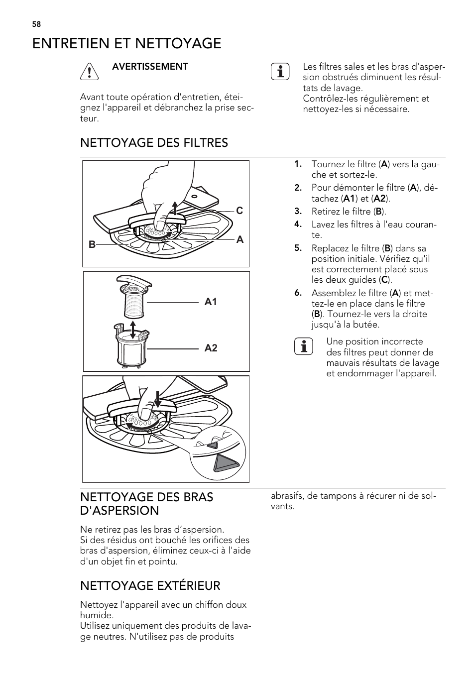 Entretien et nettoyage, Nettoyage des filtres, Nettoyage des bras d'aspersion | Nettoyage extérieur | AEG ELECTROLUX F 55420 W 0 P User Manual | Page 58 / 88