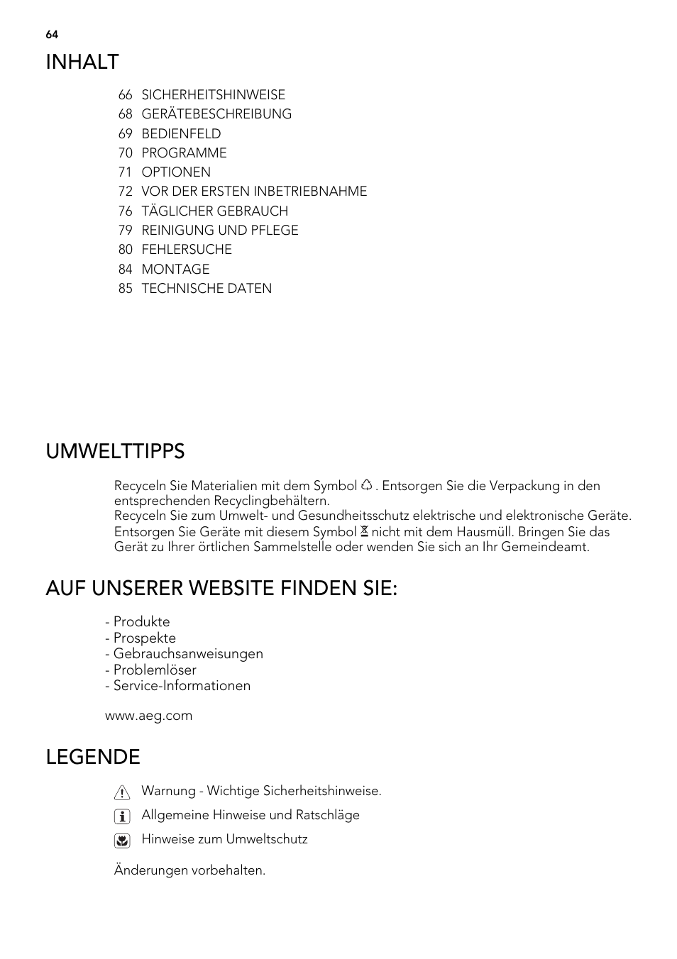 Inhalt, Umwelttipps, Auf unserer website finden sie | Legende | AEG ELECTROLUX F 55420 W 0 P User Manual | Page 64 / 88