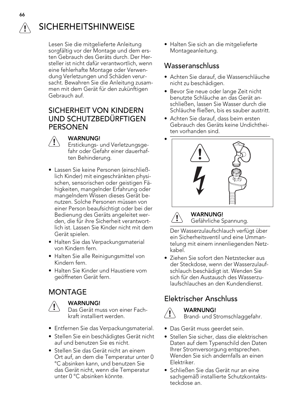 Sicherheitshinweise, Montage, Wasseranschluss | Elektrischer anschluss | AEG ELECTROLUX F 55420 W 0 P User Manual | Page 66 / 88