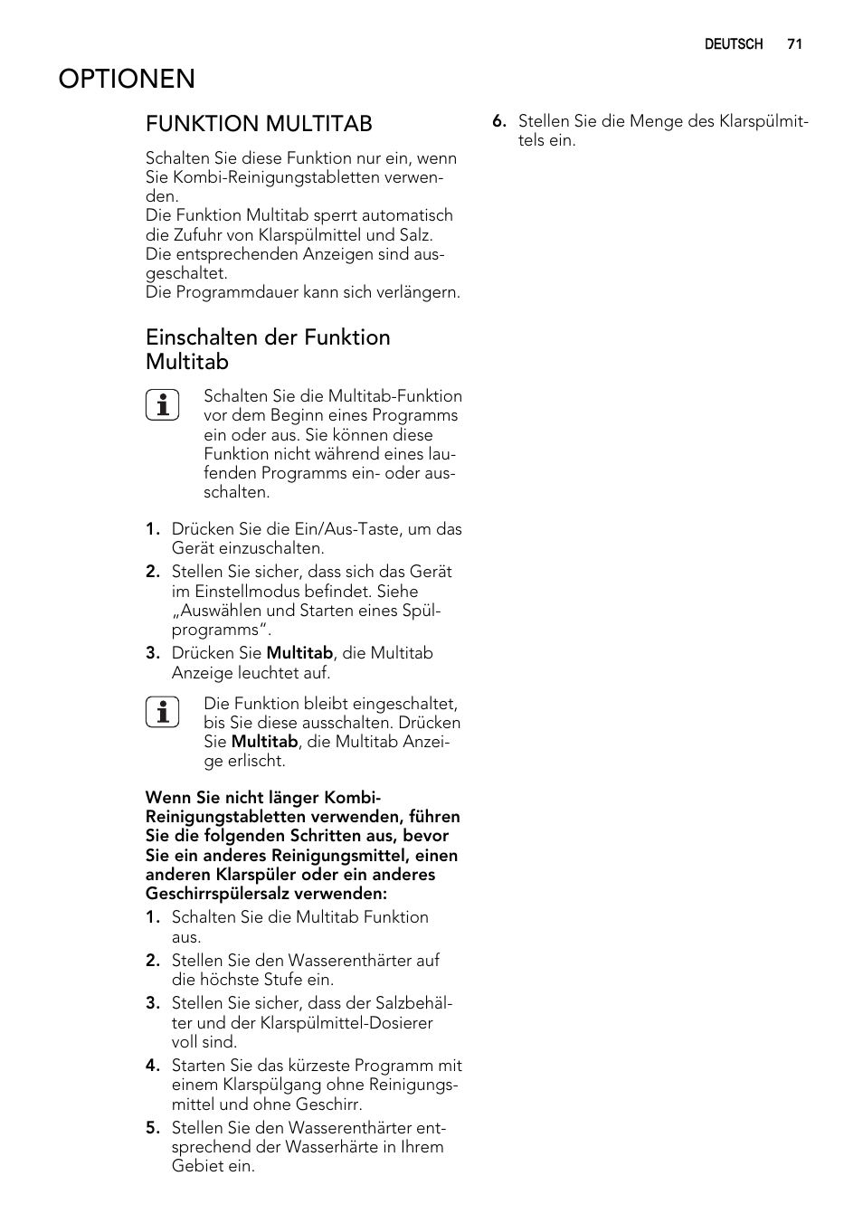 Optionen, Funktion multitab, Einschalten der funktion multitab | AEG ELECTROLUX F 55420 W 0 P User Manual | Page 71 / 88