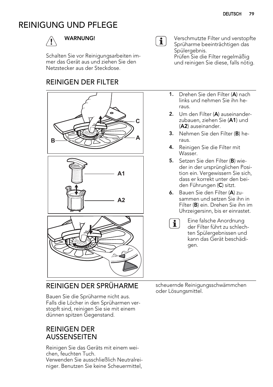 Reinigung und pflege, Reinigen der filter, Reinigen der sprüharme | Reinigen der aussenseiten | AEG ELECTROLUX F 55420 W 0 P User Manual | Page 79 / 88