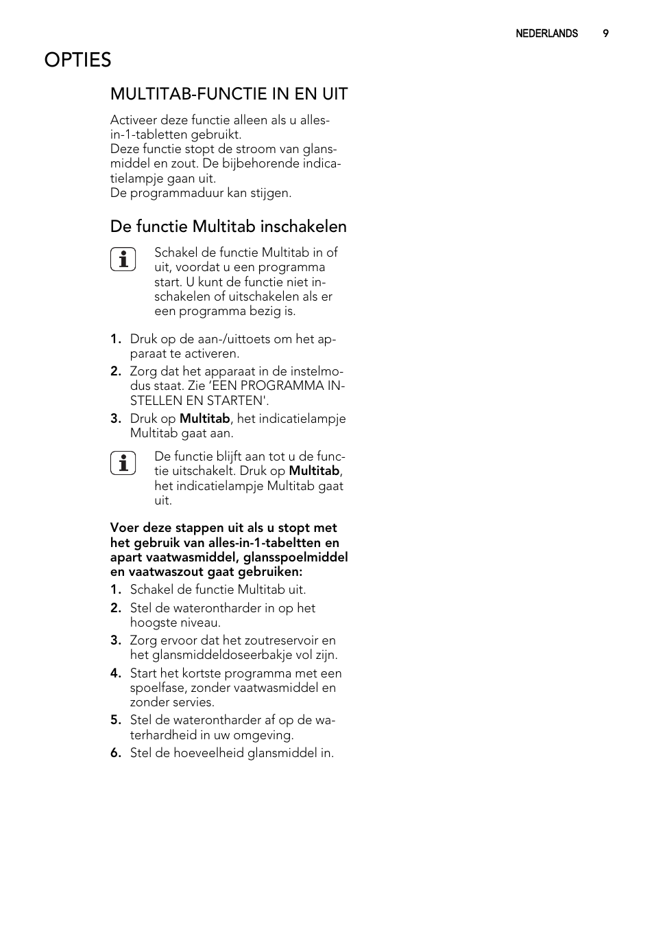 Opties, Multitab-functie in en uit, De functie multitab inschakelen | AEG ELECTROLUX F 55420 W 0 P User Manual | Page 9 / 88