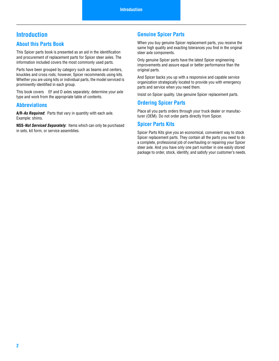 Introduction, About this parts book, Abbreviations | Genuine spicer parts, Ordering spicer parts, Spicer parts kits, About this parts book abbreviations | Spicer Steer Axles Illustrated Parts List User Manual | Page 4 / 30