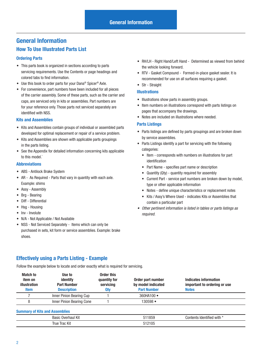 General information, How to use illustrated parts list, Effectively using a parts listing - example | Spicer S110 User Manual | Page 4 / 18