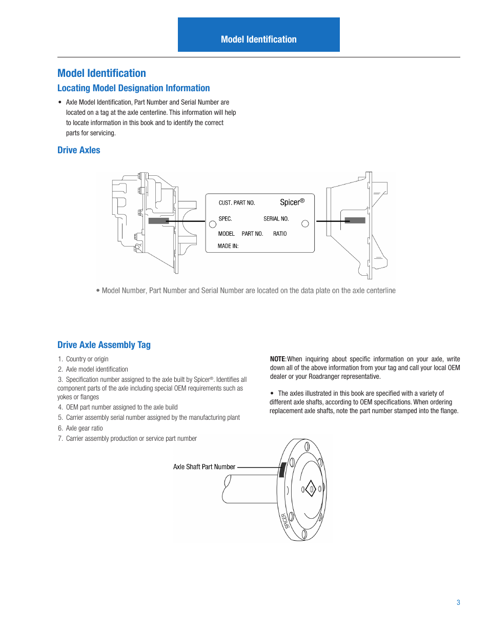 Model identification, Locating model designation information, Drive axles drive axle assembly tag | Spicer S110 User Manual | Page 5 / 18