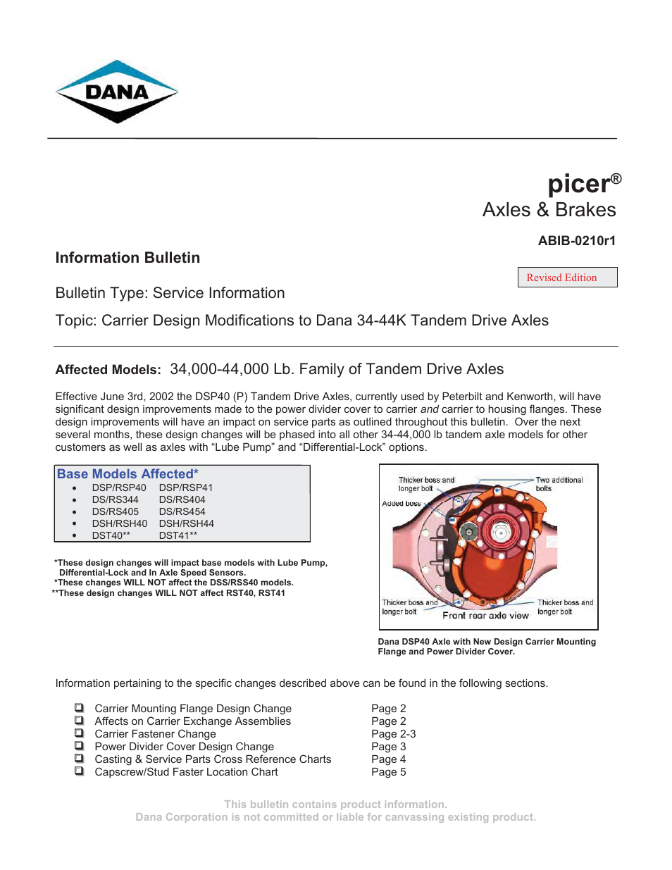 Spicer Carrier Design Modifications to Dana 34-44K User Manual | 5 pages