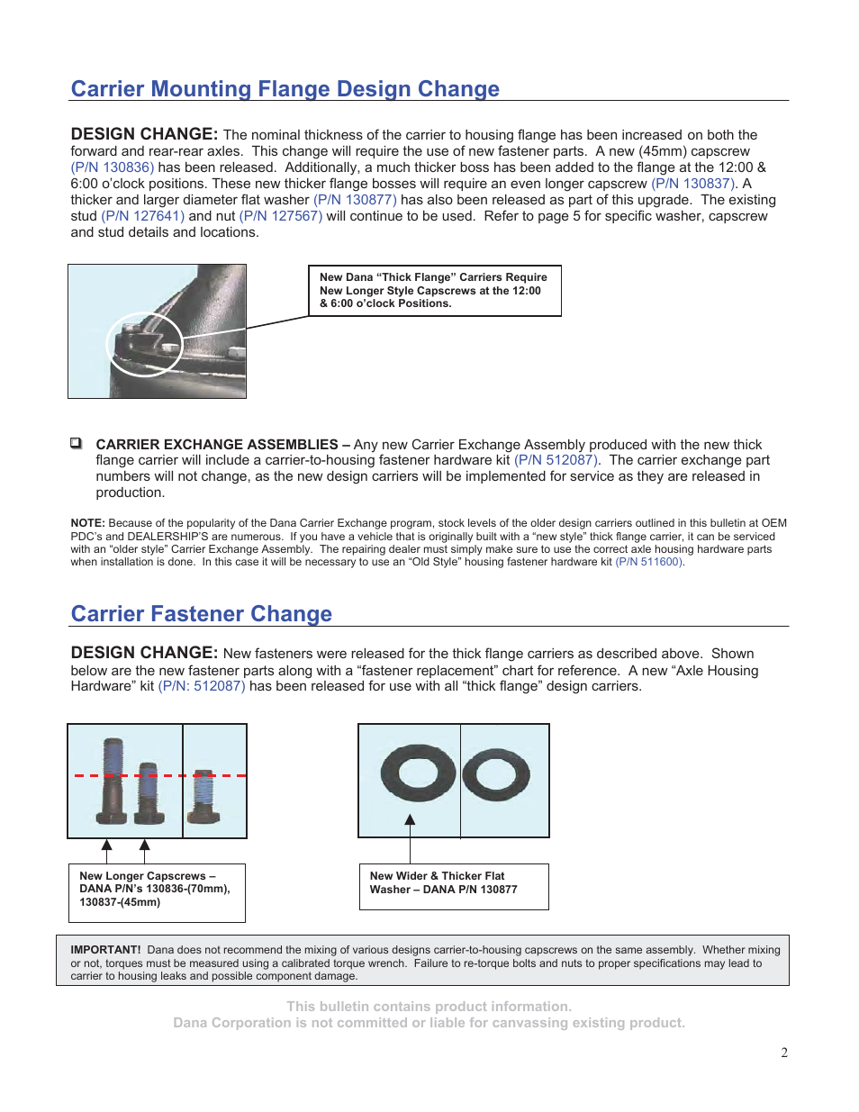 Carrier mounting flange design change, Carrier fastener change | Spicer Carrier Design Modifications to Dana 34-44K User Manual | Page 2 / 5