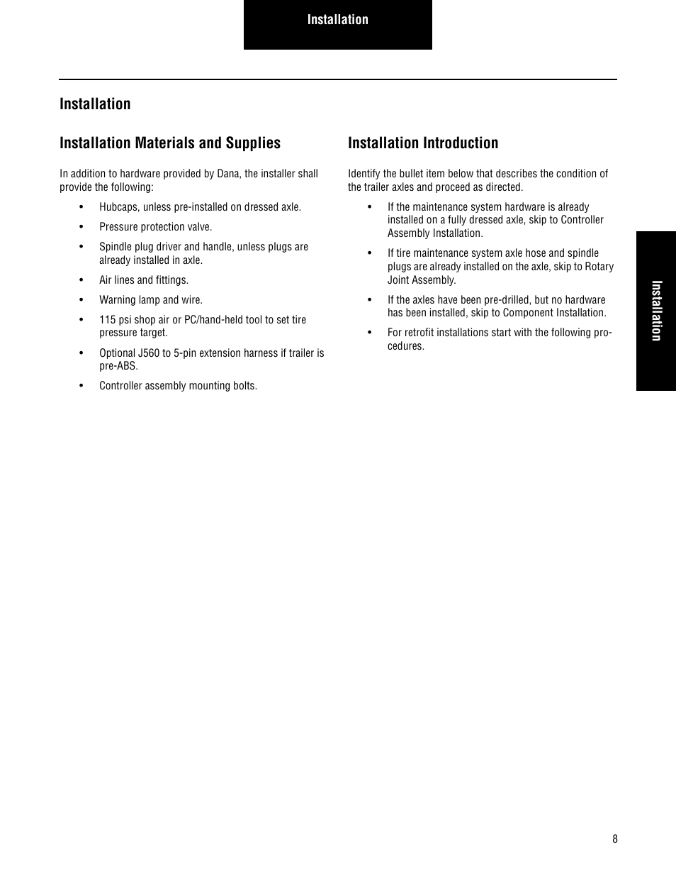 Installation, Installation installation materials and supplies, Installation introduction | Spicer TIMS (Tire Inflation and Monitor System) for Trailers Installation Guide User Manual | Page 11 / 40
