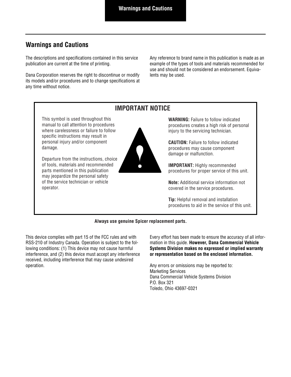 Warnings and cautions, Important notice | Spicer TIMS (Tire Inflation and Monitor System) for Trailers Installation Guide User Manual | Page 2 / 40