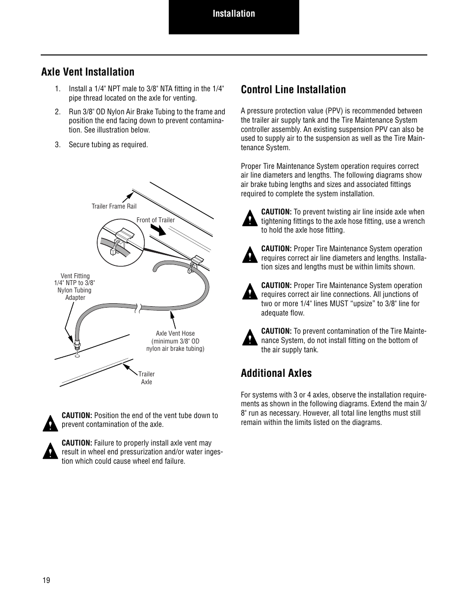 Axle vent installation, Control line installation, Additional axles | Spicer TIMS (Tire Inflation and Monitor System) for Trailers Installation Guide User Manual | Page 22 / 40