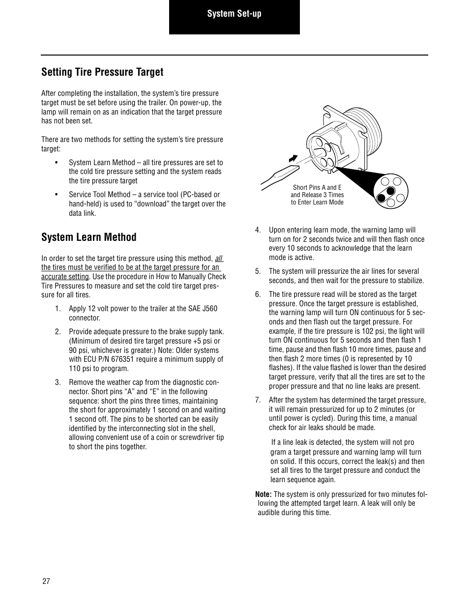 Setting tire pressure target, Glossary, Tire maintenance system performance at 100 psig | System learn method, System set-up | Spicer TIMS (Tire Inflation and Monitor System) for Trailers Installation Guide User Manual | Page 30 / 40