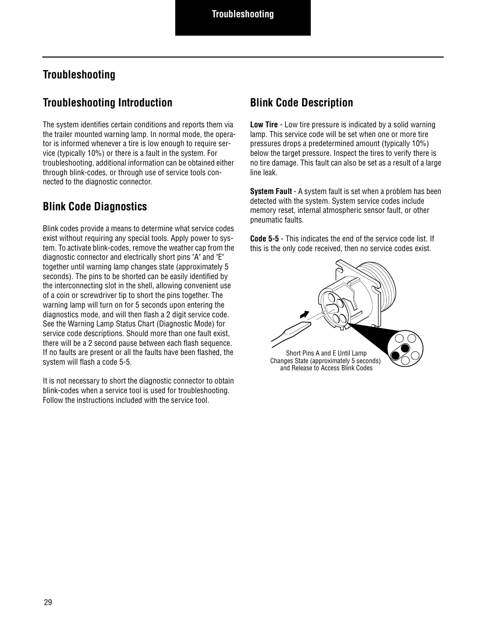 Troubleshooting, Troubleshooting troubleshooting introduction, Blink code diagnostics | Blink code description | Spicer TIMS (Tire Inflation and Monitor System) for Trailers Installation Guide User Manual | Page 32 / 40