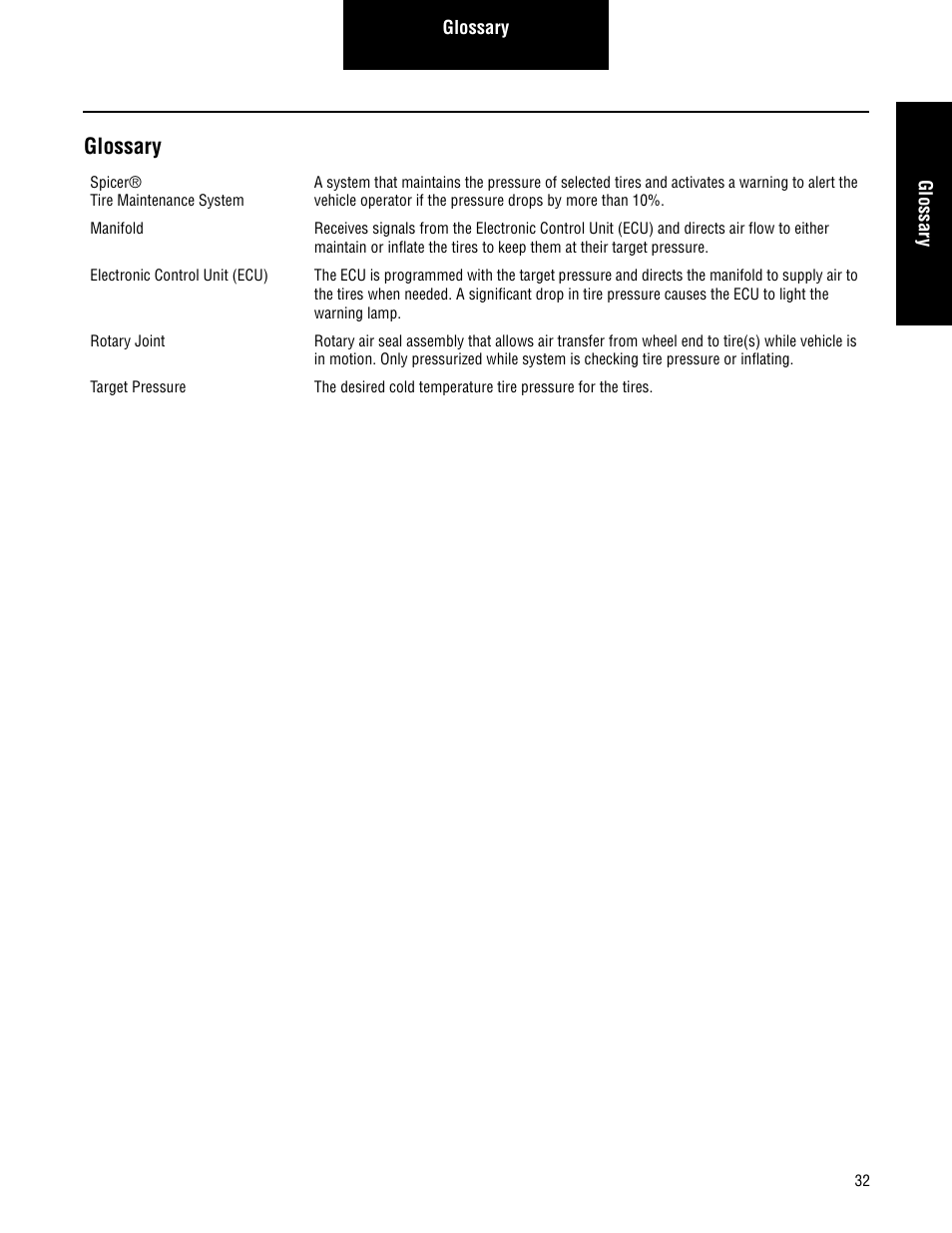 Glossary | Spicer TIMS (Tire Inflation and Monitor System) for Trailers Installation Guide User Manual | Page 35 / 40