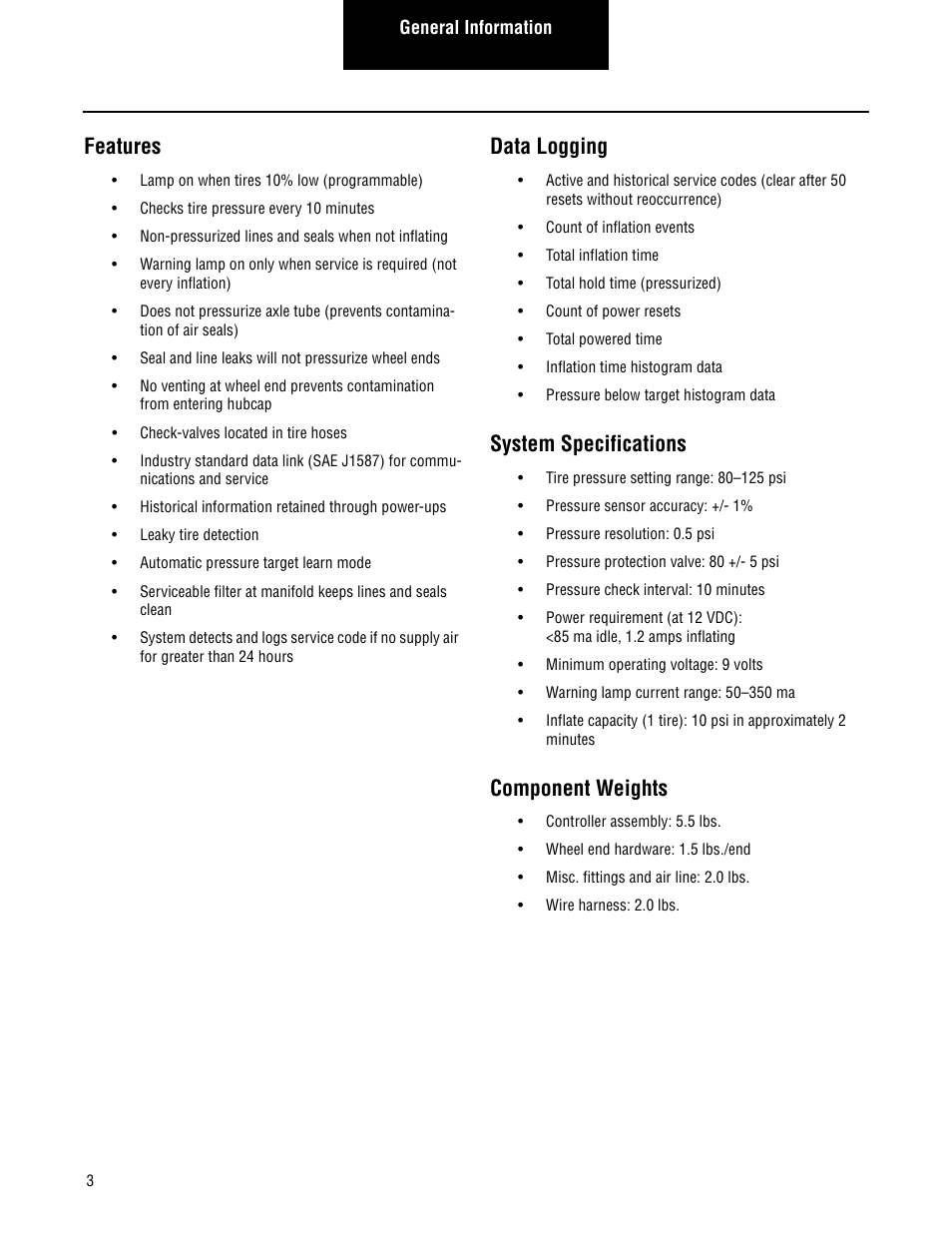 Features, Data logging, System specifications | Component weights | Spicer TIMS (Tire Inflation and Monitor System) for Trailers Installation Guide User Manual | Page 6 / 40