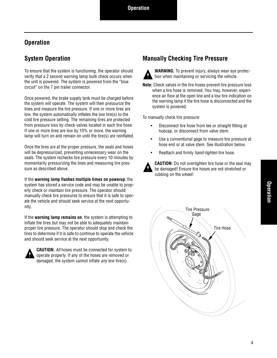 Operation, System operation manually checking tire pressure, Operation system operation | Manually checking tire pressure | Spicer TIMS (Tire Inflation and Monitor System) for Trailers Installation Guide User Manual | Page 7 / 40