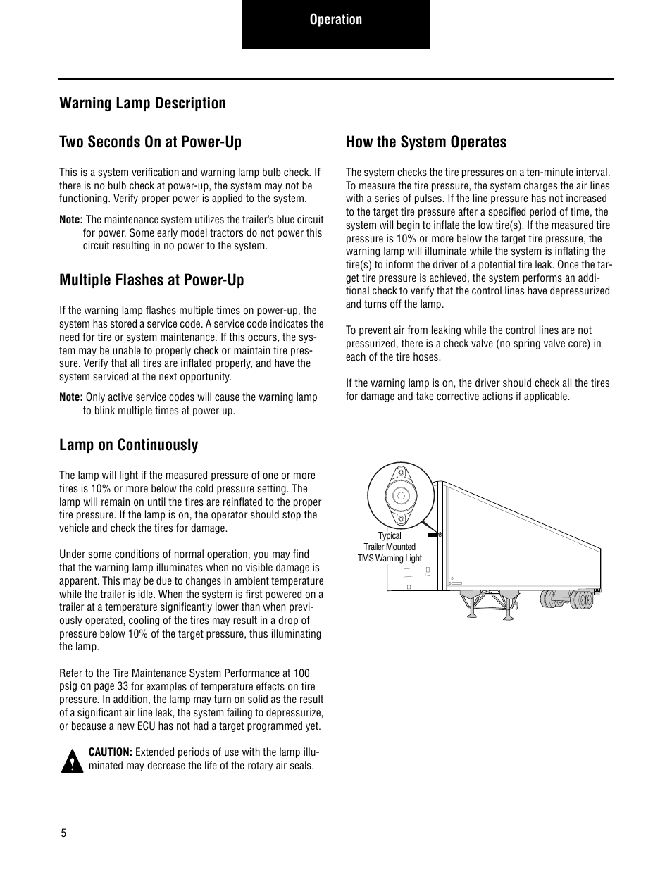 Warning lamp description, Multiple flashes at power-up, Lamp on continuously | How the system operates | Spicer TIMS (Tire Inflation and Monitor System) for Trailers Installation Guide User Manual | Page 8 / 40