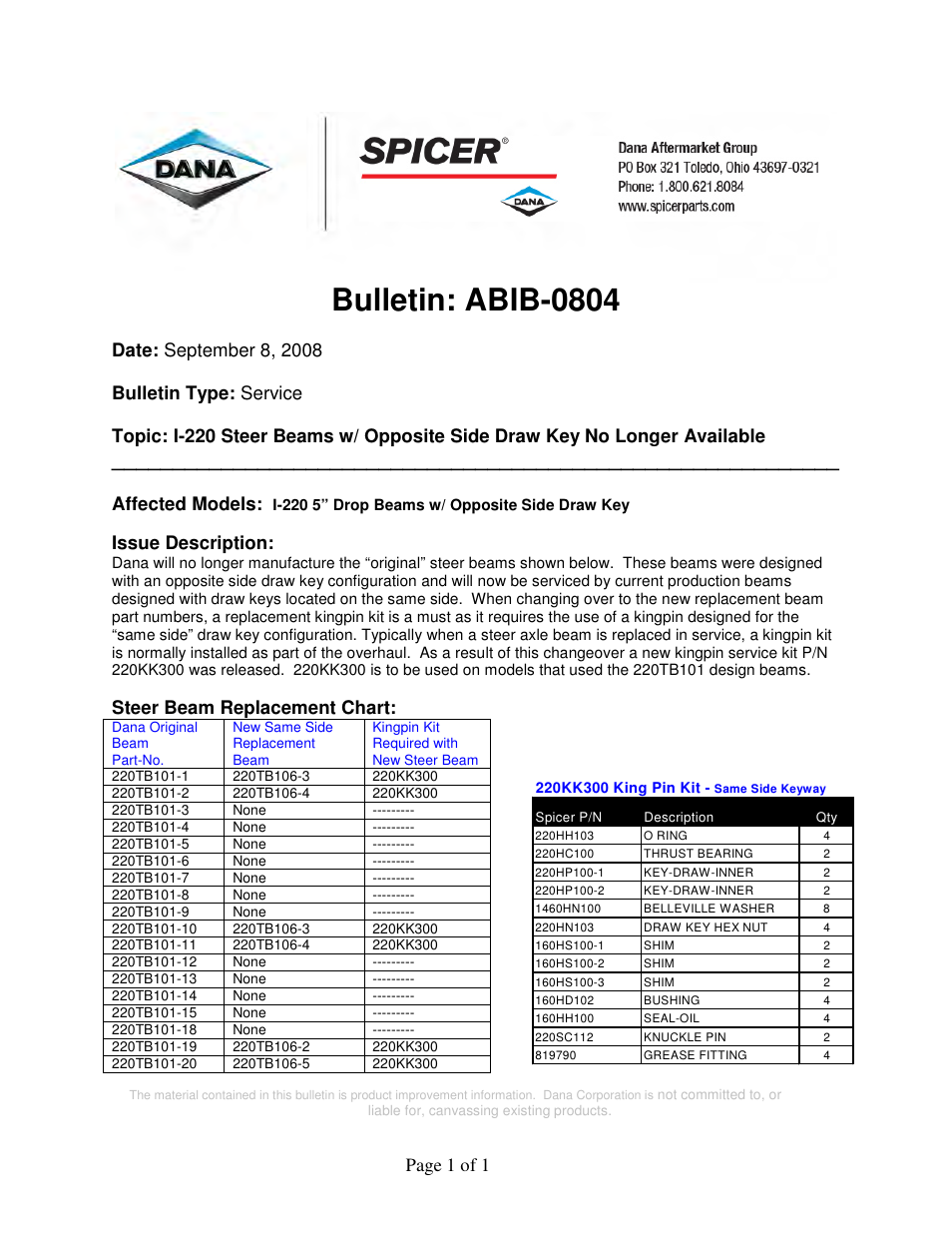 Spicer I-220 User Manual | 1 page