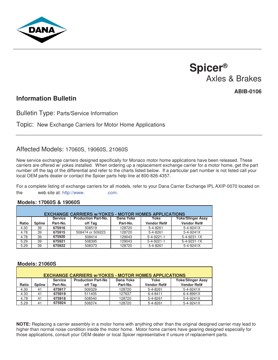 Spicer New Exchange Carriers for Motor Home Applications User Manual | 2 pages