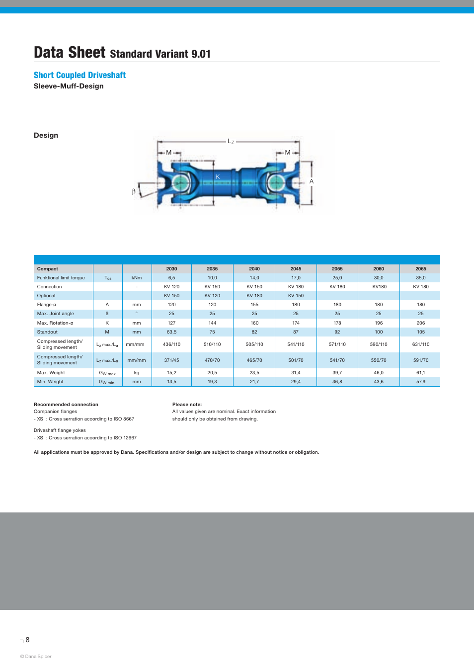 Data sheet, Standard variant 9.01, Short coupled driveshaft | Sleeve-muff-design, Design | Spicer SERVICE CATALOG User Manual | Page 10 / 44