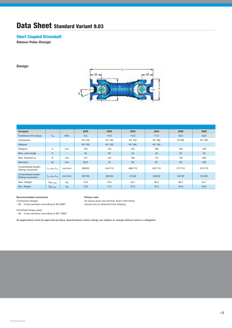 Data sheet, Standard variant 9.03, Short coupled driveshaft | Sleeve-yoke-design, Design | Spicer SERVICE CATALOG User Manual | Page 11 / 44