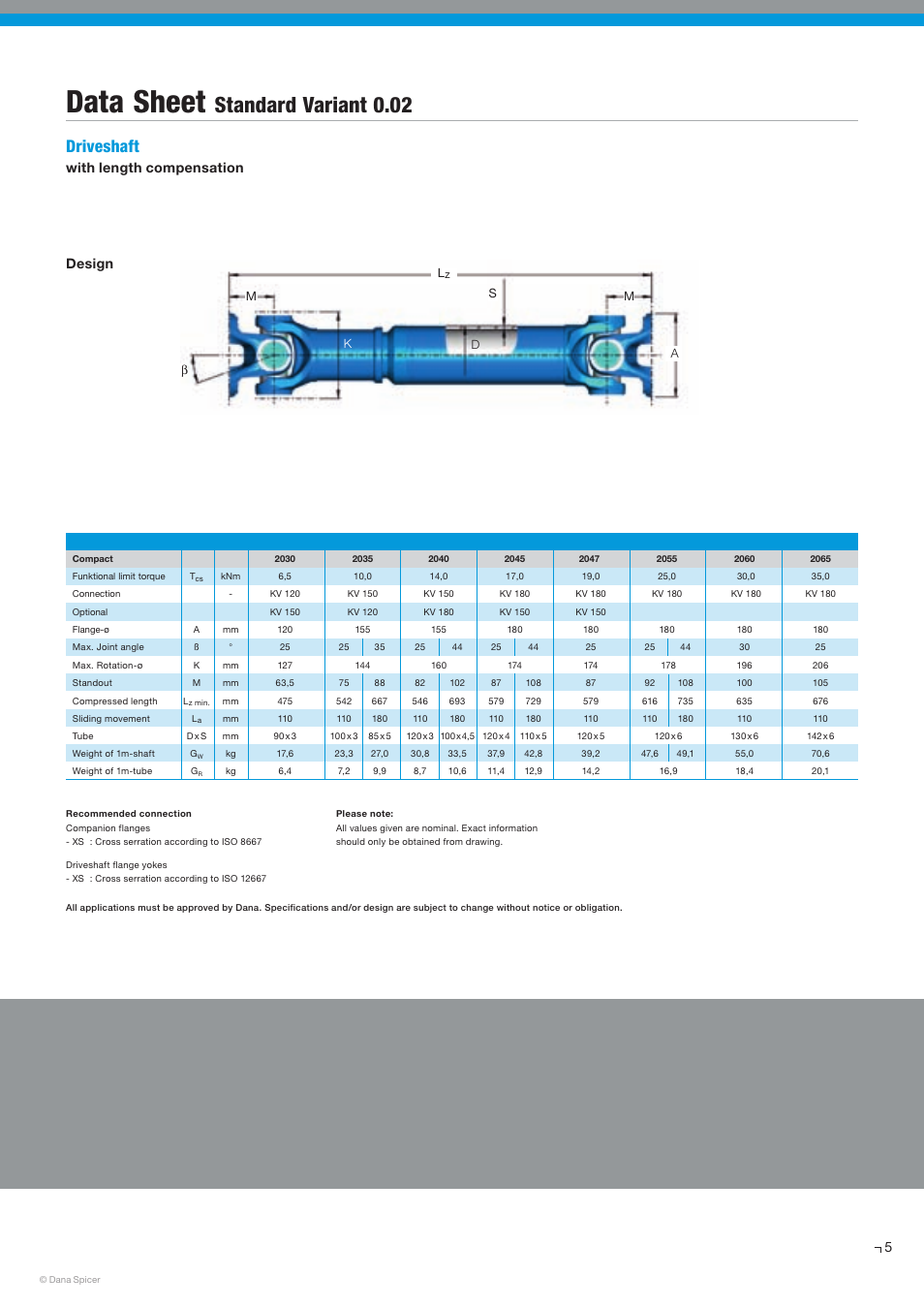 Data sheet, Standard variant 0.02, Driveshaft | With length compensation design | Spicer SERVICE CATALOG User Manual | Page 7 / 44