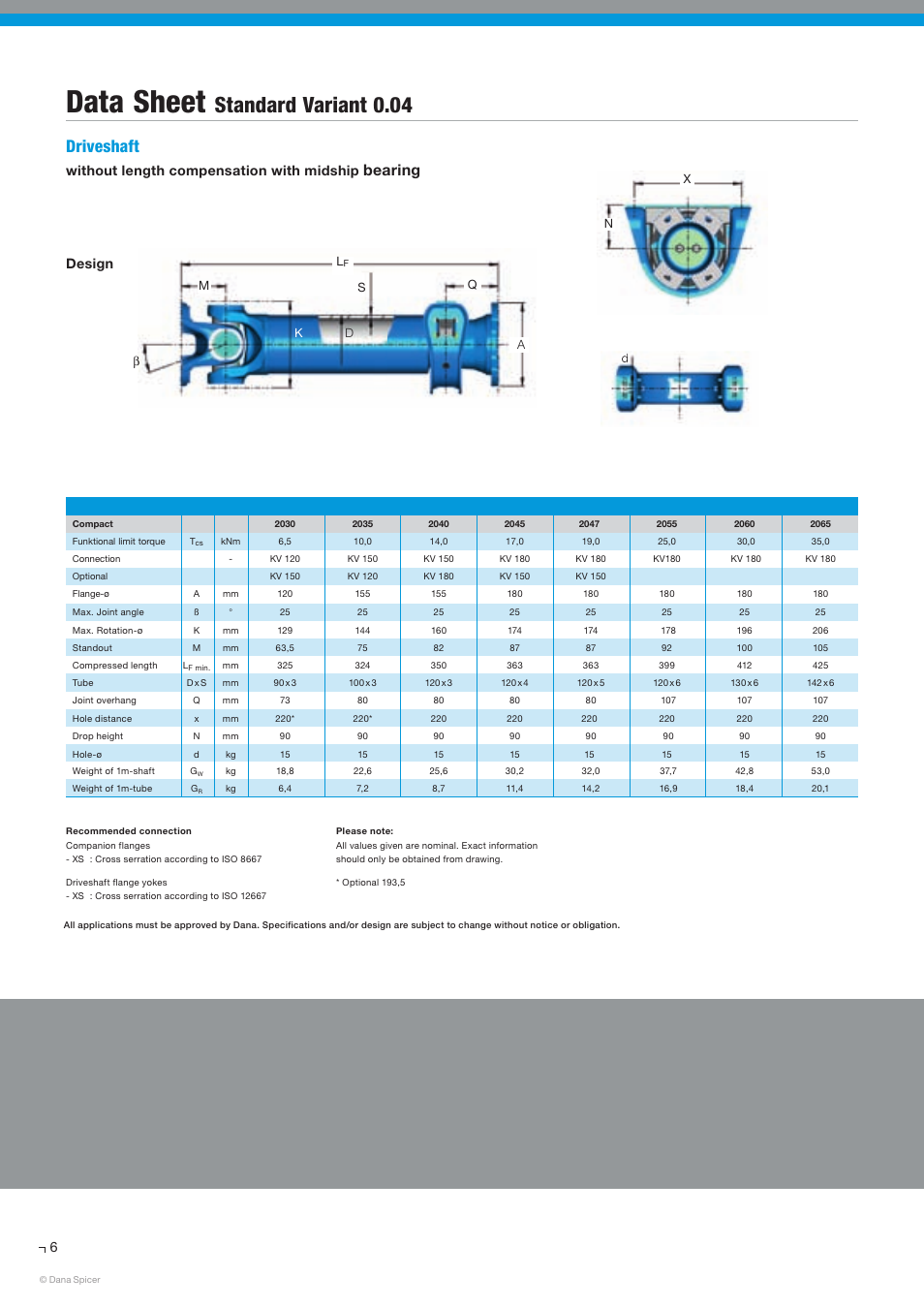 Data sheet, Standard variant 0.04, Driveshaft | Bearing, Without length compensation with midship, Design | Spicer SERVICE CATALOG User Manual | Page 8 / 44