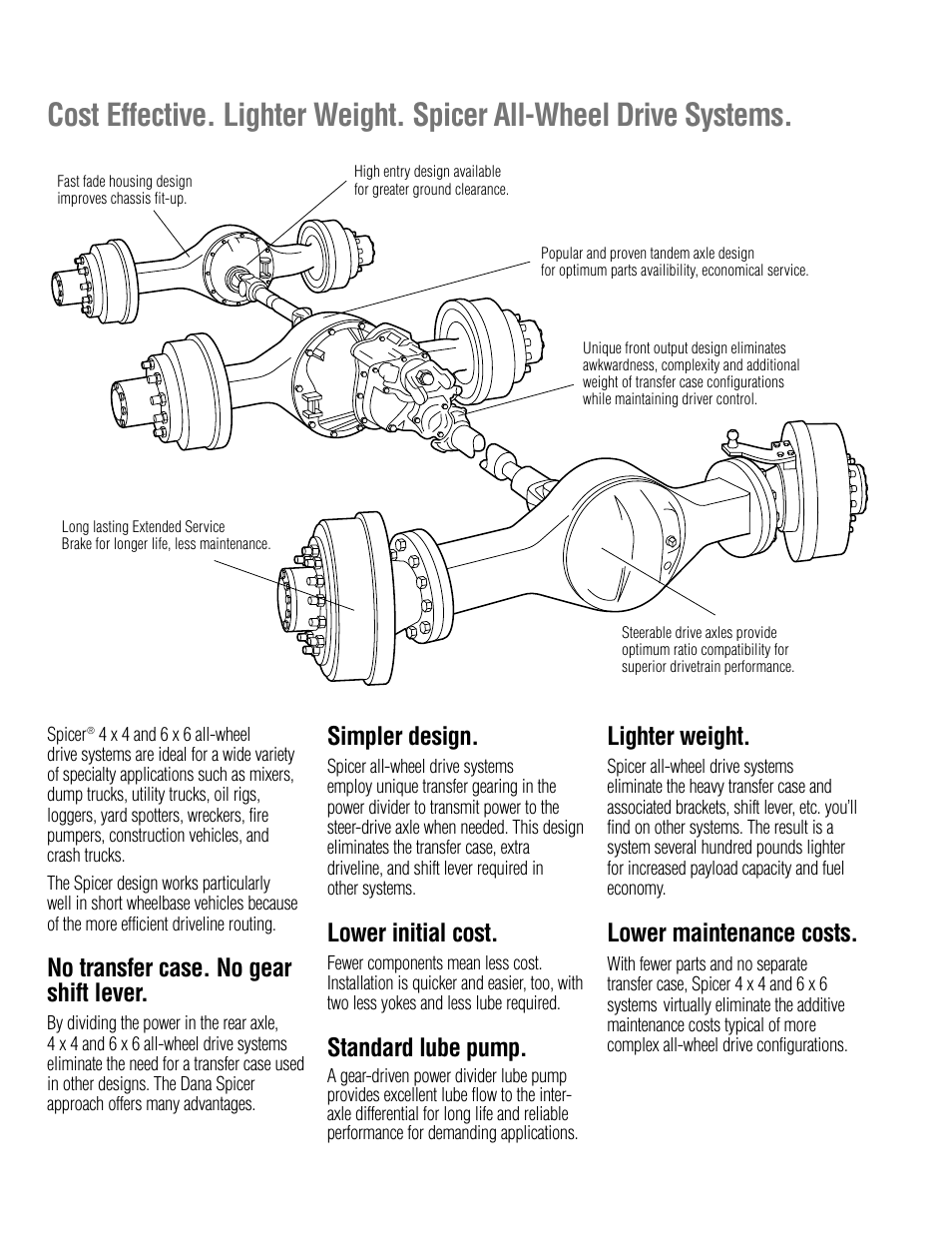 No transfer case. no gear shift lever, Simpler design, Lower initial cost | Standard lube pump, Lighter weight, Lower maintenance costs | Spicer Specialty Axles for On_Off and Off-Highway Specialty Applications: Condensed Specifications User Manual | Page 3 / 8