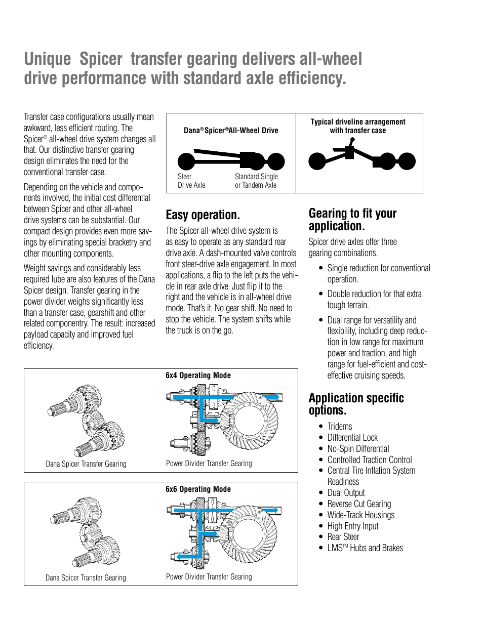 Unique spicer, Easy operation, Gearing to fit your application | Application specific options | Spicer Specialty Axles for On_Off and Off-Highway Specialty Applications: Condensed Specifications User Manual | Page 6 / 8