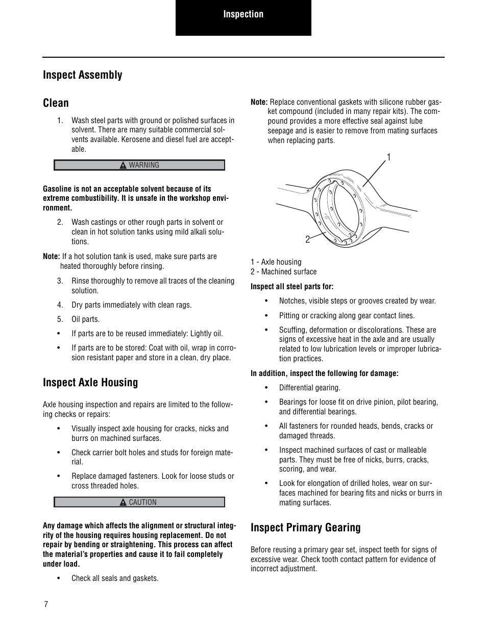 Inspect assembly, Clean, Inspect axle housing | Inspect primary gearing, Inspection, Inspect assembly clean | Spicer Single Drive Axles Service Manual: Single Reduction & Single Reduction with Differential Lock User Manual | Page 10 / 70